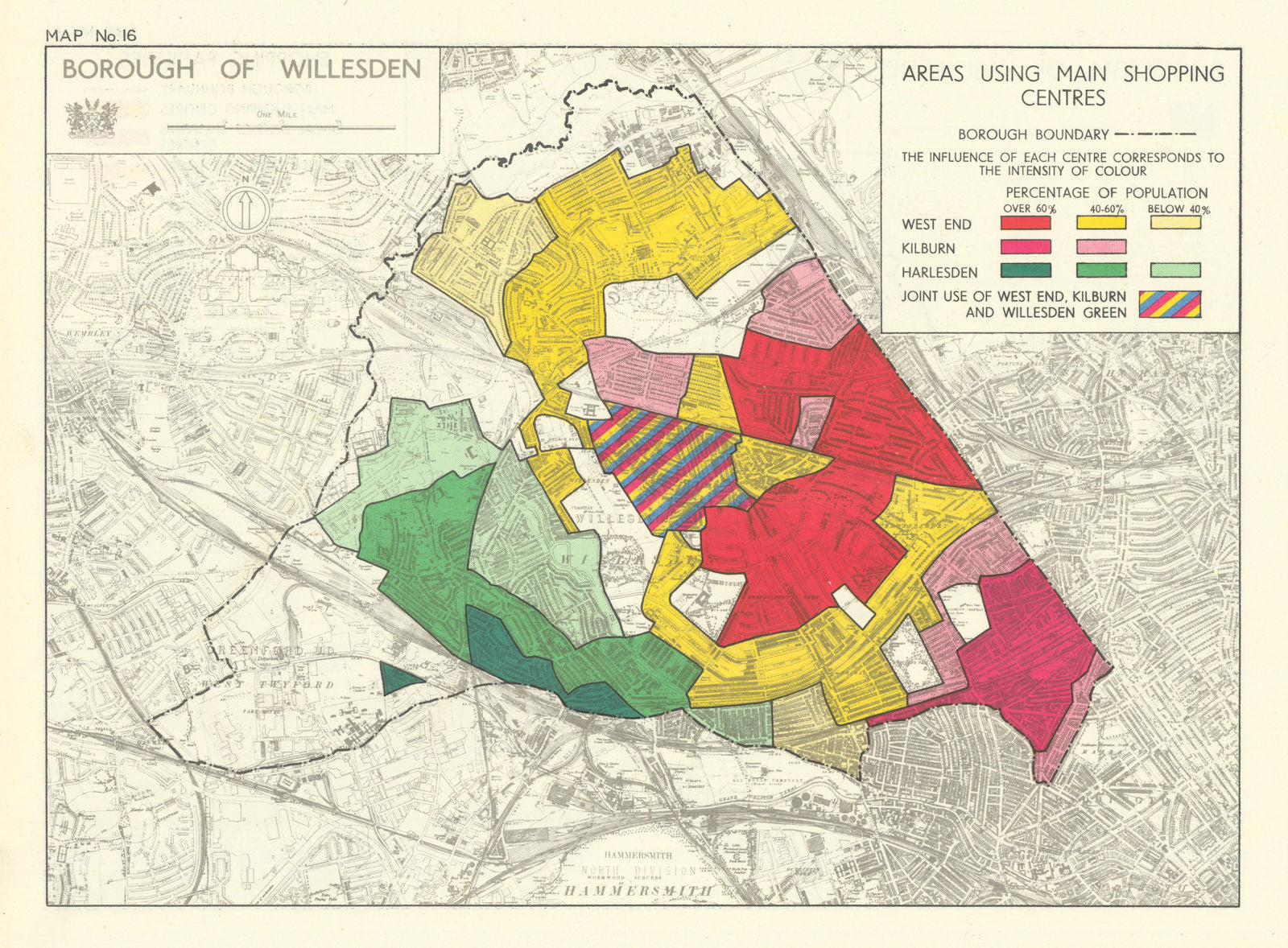 Willesden Borough. Areas using Kilburn West End Harlesden for shopping 1950 map